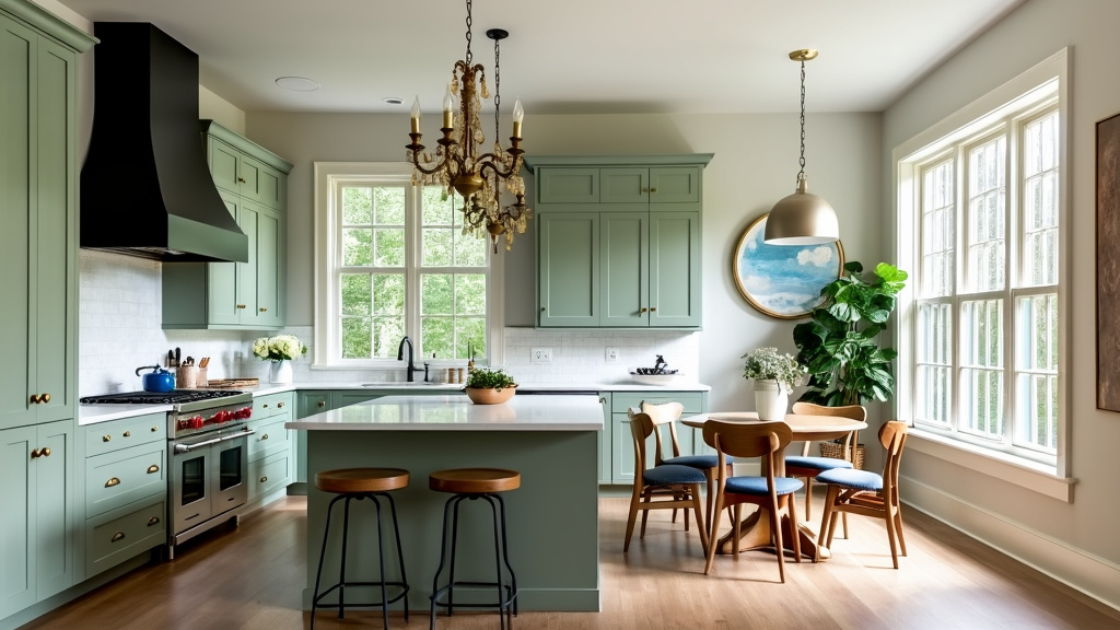 Transitional kitchen design with sage green cabinetry, matte brass knobs, spacious island, and large windows.
