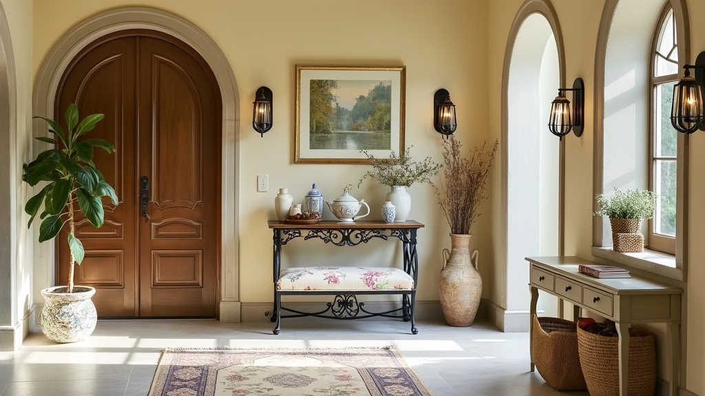 Elegant Provencal entryway with limestone flooring, lavender walls, arched door, console table, and bench.