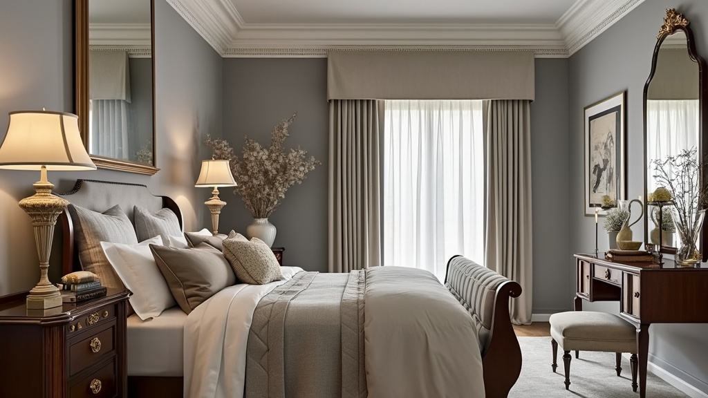 Elegant bedroom with soft grays, silks, a wooden sleigh bed, vintage lighting, and tasteful decor.