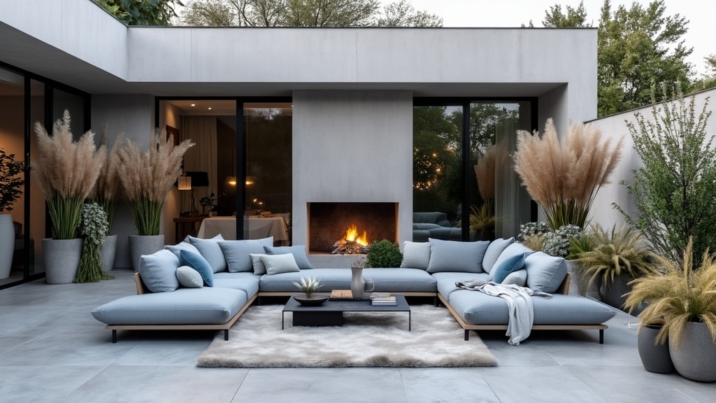 Elegant Scandinavian patio with polished concrete, soft colors, stylish furniture, and a chic outdoor fireplace.
