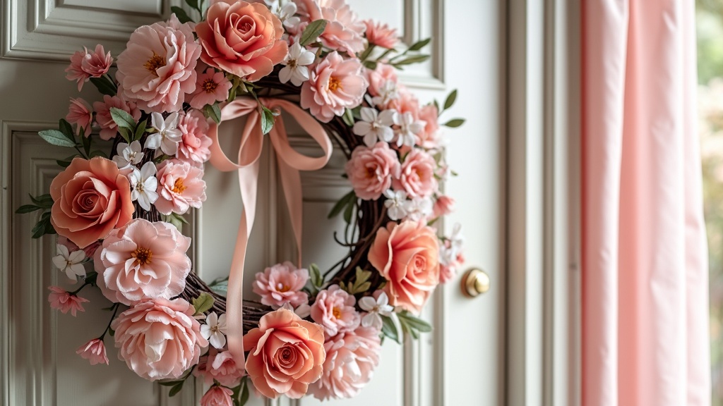 Elegant wreath with silk ribbons and faux blooms, adding a sophisticated spring touch to an entryway.