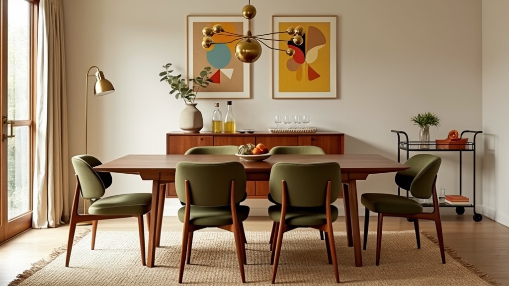 Mid-Century Modern dining room with walnut table, cream and beige tones, olive green chairs, brass light fixture.