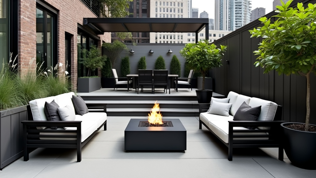 Elegant urban patio with modern furnishings, greenery, fire pit, and sleek design for relaxation.