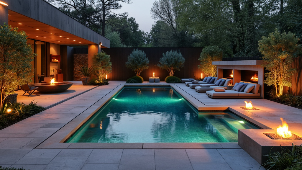 A tranquil pool design harmonizing earth, water, fire, and air with stone decks, glass tiles, and fire pits.