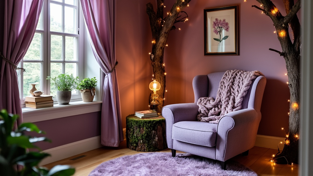 Cozy reading nook with lavender tones, wingback chair, fairy lights, and whimsical branch side table.