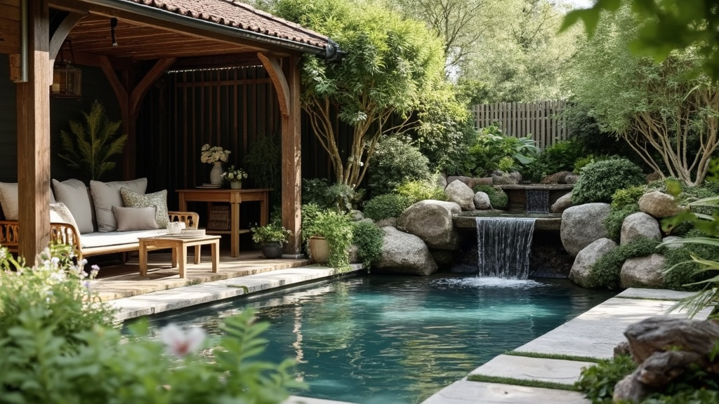 Magical English garden with lush greenery, waterfall, pool, ferns, flowers, and inviting seating.