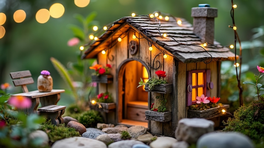 A whimsical fairy garden playhouse made from pallets, adorned with flower boxes and fairy lights.