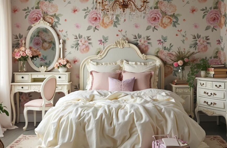 Vintage floral wallpaper, pastel bed frame, cloud-like bedding, antique furniture, and soft lighting.