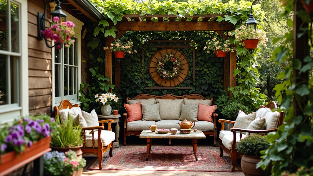 Whimsical garden patio with wooden trellis, climbing vines, colorful flower boxes, and cozy seating area.