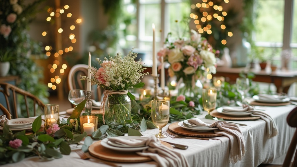 Dining table adorned with faux ivy, fairy lights, glass jars of flowers, and rustic wooden elements.