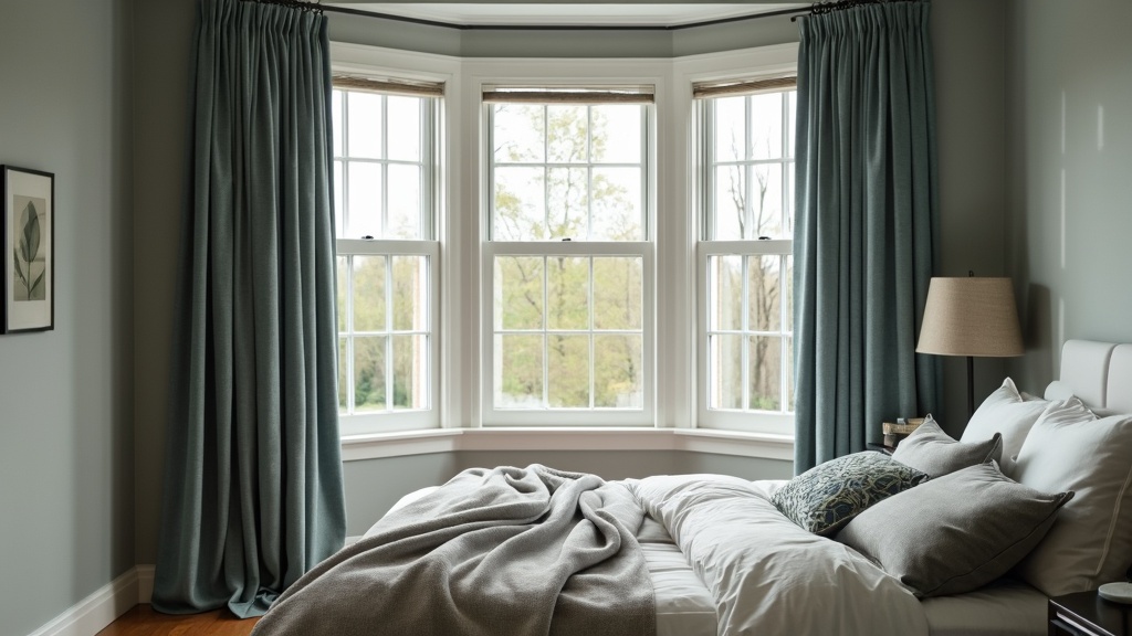 Thermal curtains in a bay window enhance energy efficiency and add elegance to a cozy bedroom decor.