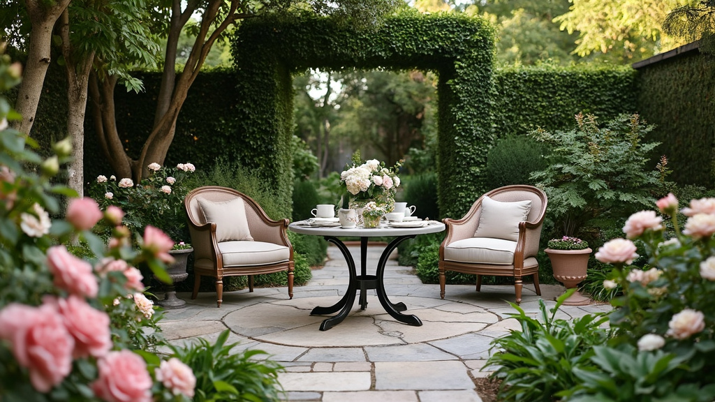 Enchanting patio with greenery, blooms, stone path, wrought iron table, and comfortable chairs for tea.