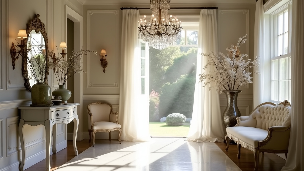 Elegant Victorian entryway with soft whites, silvers, delicate chandelier, floral elements, vintage settee.