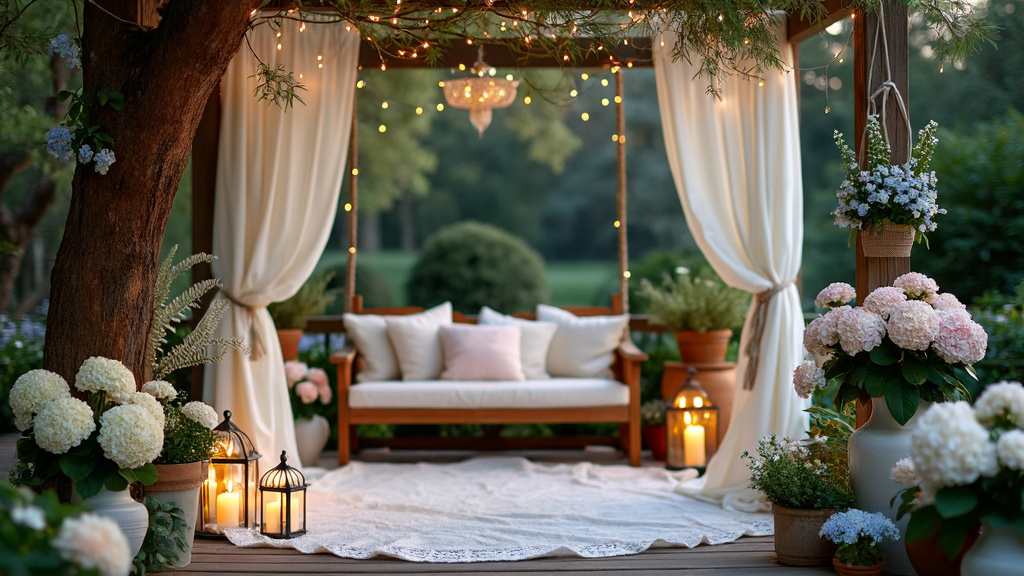 Ethereal patio design with cream and pale blue fabrics, fairy lights, wooden swing, and potted plants.