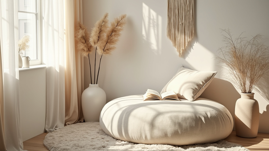 Cozy reading nook with white pouf, sheer curtains, and minimal decor for an airy, peaceful atmosphere.