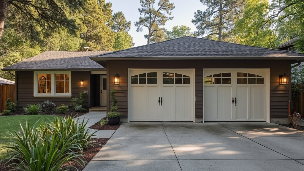 A transformed 70s ranch garage with windows and decorative elements blending with the house's exterior.