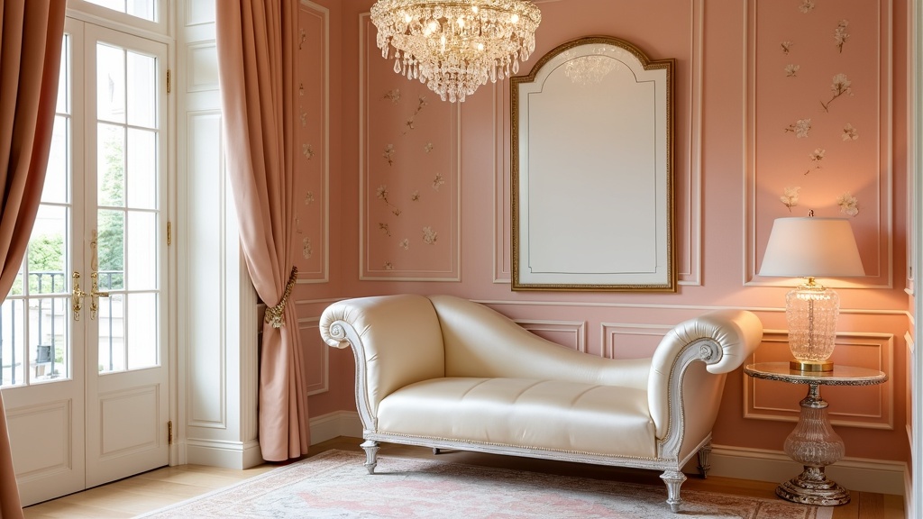 Luxurious reading nook with ivory chaise lounge, crystal side table, Art Deco wallpaper, and chandelier.