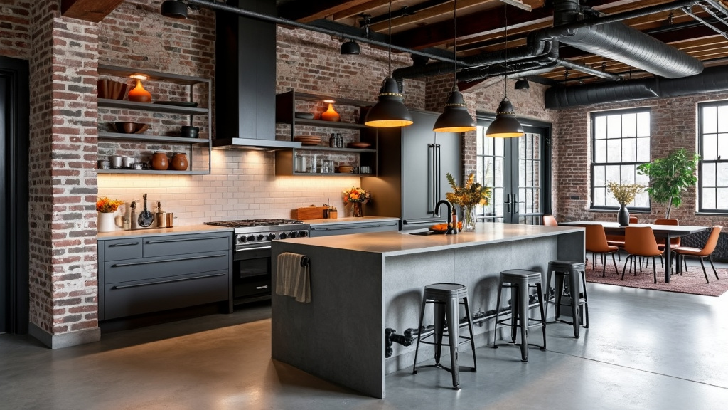 Industrial chic kitchen with exposed brick, metal conduits, concrete countertops, and rusty orange accents.