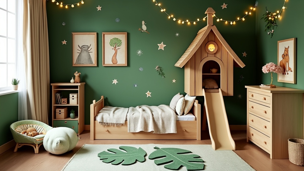 Enchanting children's room with woodland theme, treehouse bed, fairy lights, and whimsical murals.