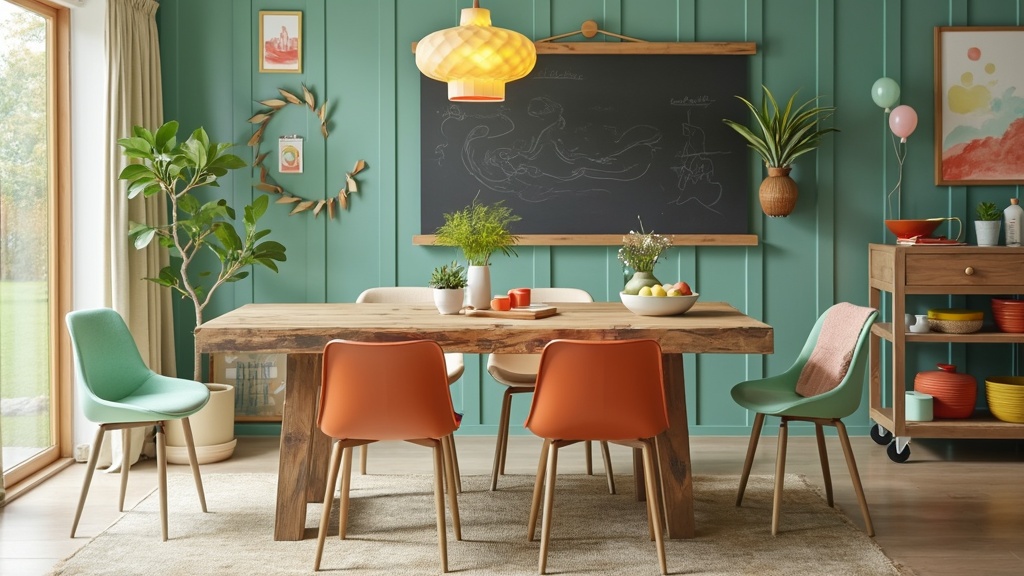Family-friendly Mid-Century Modern dining room with a robust reclaimed wood table and pastel decor elements.