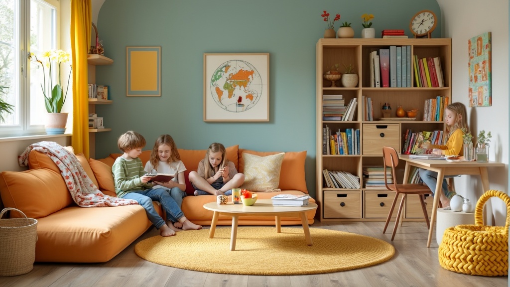 A vibrant family-friendly living room with modular furniture, a cozy reading nook, and organized storage.