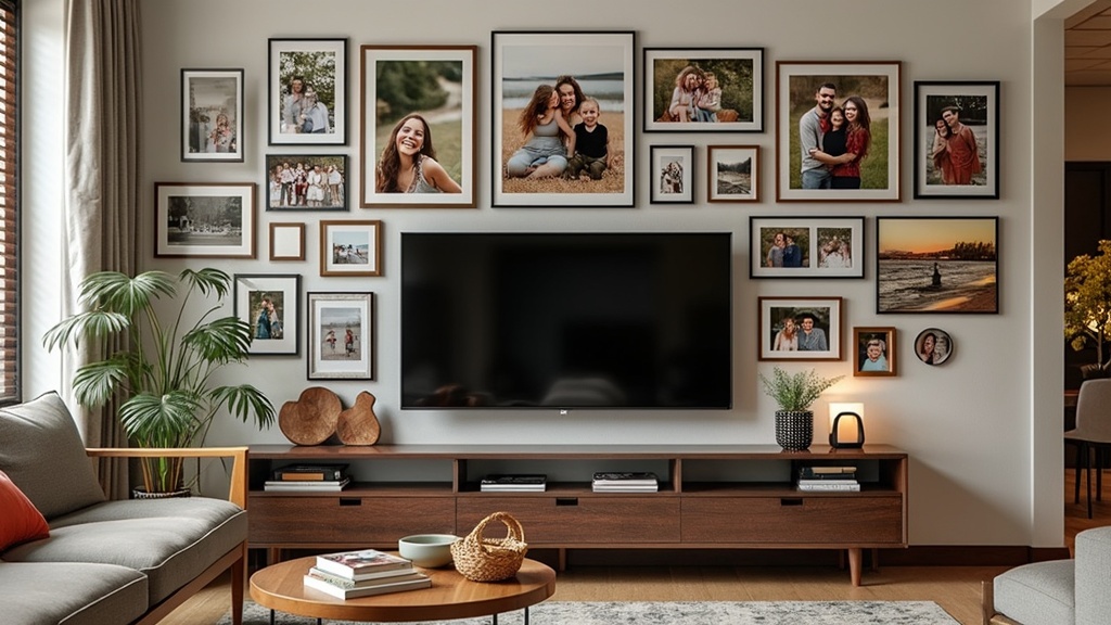 A family photo collage artfully arranged around a TV, creating a warm, personalized living room space.