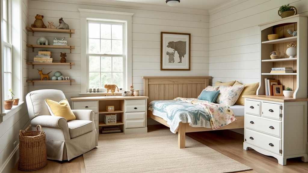 Farmhouse Chic children's room with shiplap walls, rustic furniture, pastel colors, and cozy reading nook.