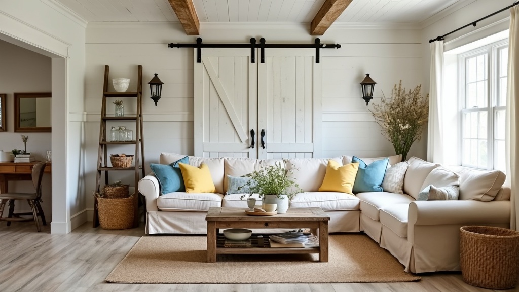 Farmhouse chic living room with shiplap walls, sectional sofa, vintage barn door, and colorful decor.
