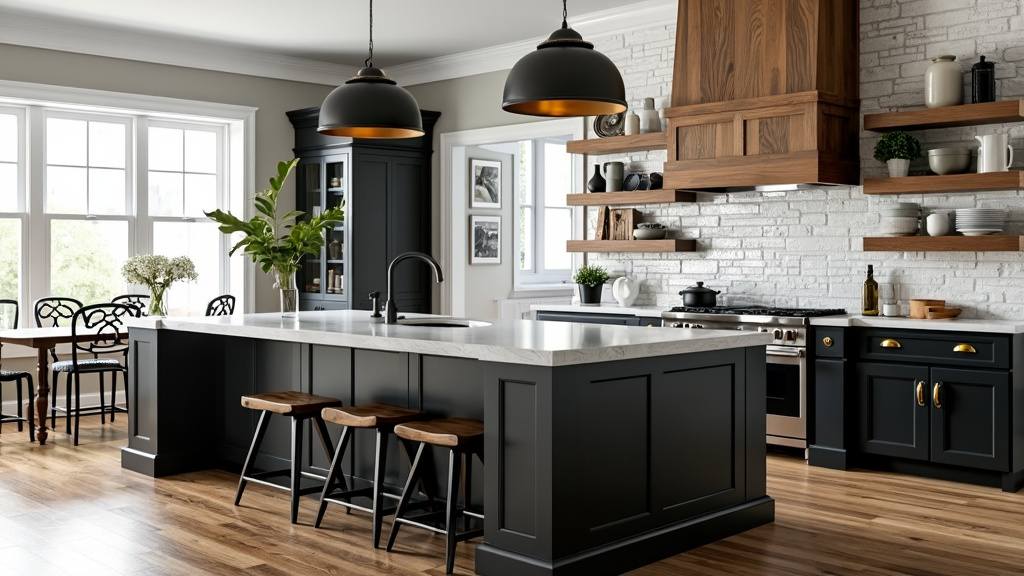 Farmhouse kitchen with black-and-white palette, warm wood accents, inviting island, and vintage tile.