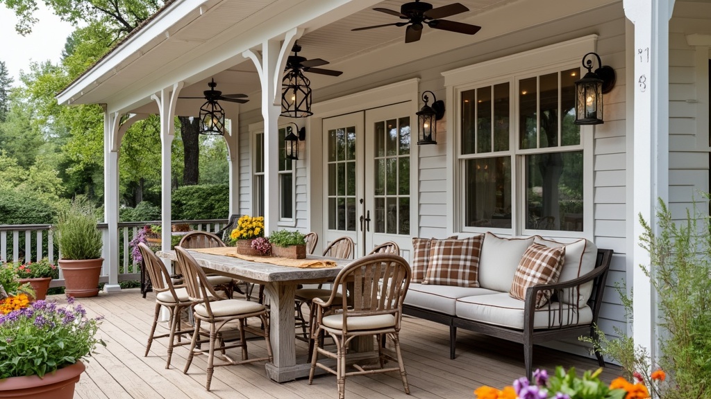 Farmhouse patio with wooden furniture, wrought iron accents, plaid cushions, mason jar lighting, and flowers.