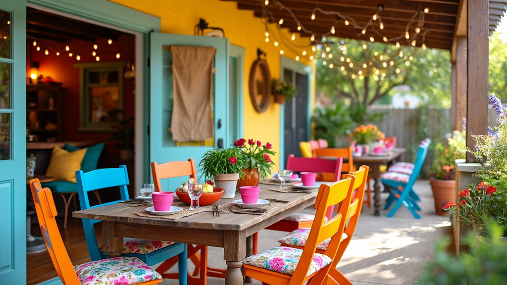 Lively farmhouse patio with rustic table, colorful chairs, floral cushions, and festive string lights.