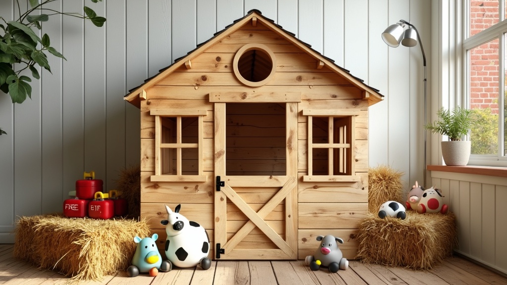 A DIY farmhouse-themed playhouse with pallets, sloped roof, barn door, and farm-themed decorations.