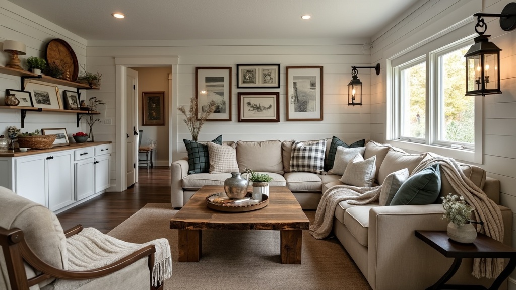 Farmhouse-inspired living room with cozy couch, plaid throws, barn wood table, and warm lighting.