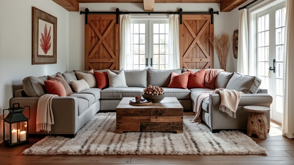 Farmhouse Southwestern living room with soft white walls, rustic barn doors, cozy sectional, and accent decor.
