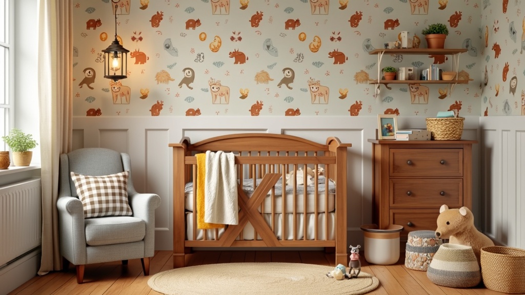 Farmyard-themed children's room with barn wallpaper, wooden crib, cozy armchair, and woven toy baskets.