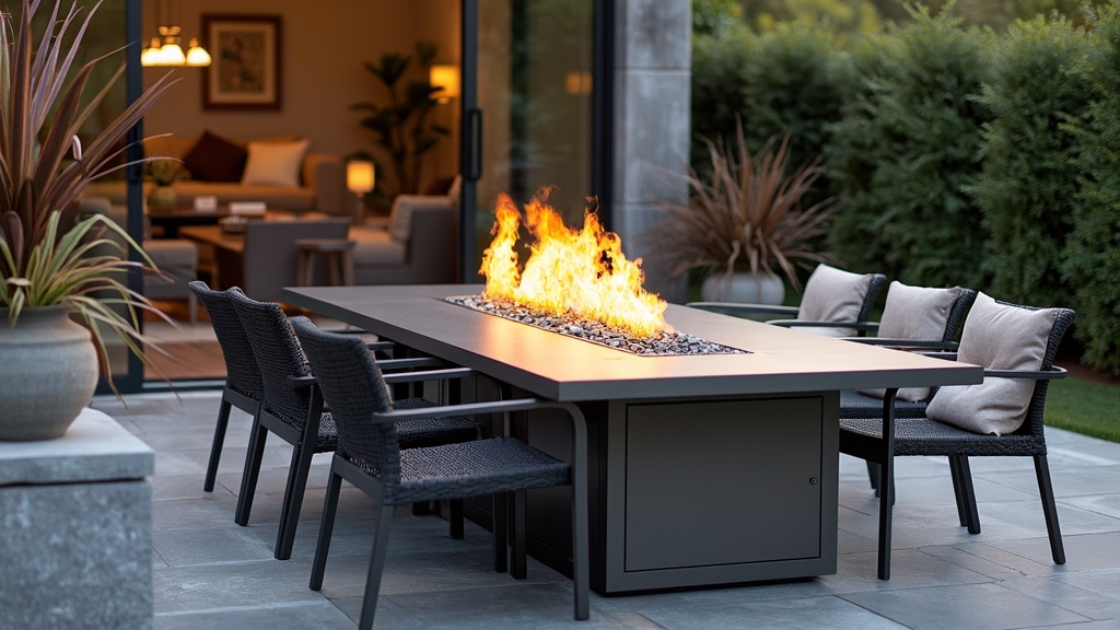 Rectangular fire pit table with glass barrier, surrounded by chairs, creating a cozy outdoor dining space.