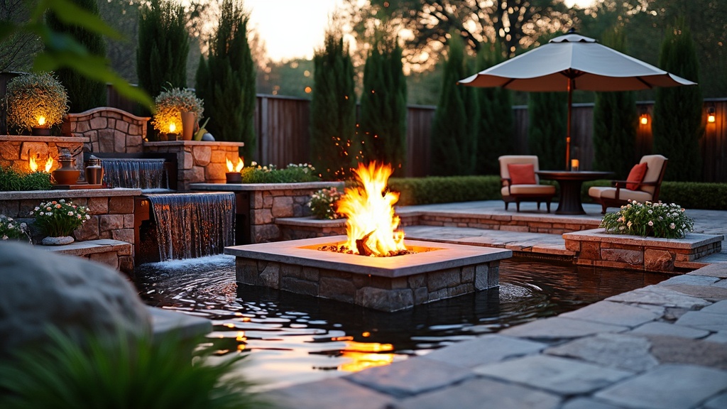 A serene outdoor oasis featuring a central fire pit surrounded by a flowing water feature and seating.