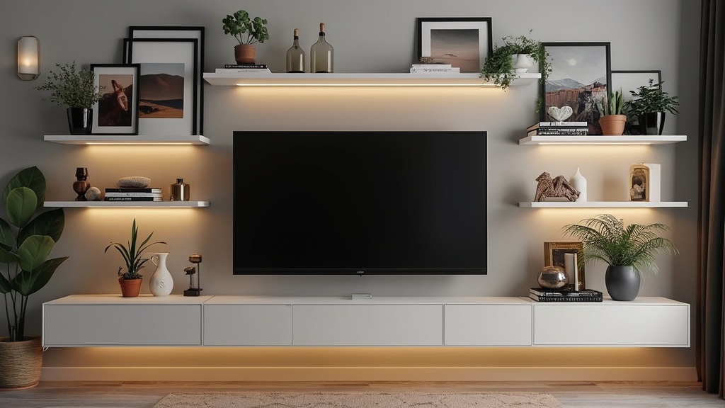 Floating shelves display decor and books around a TV, maximizing space and enhancing room aesthetics.