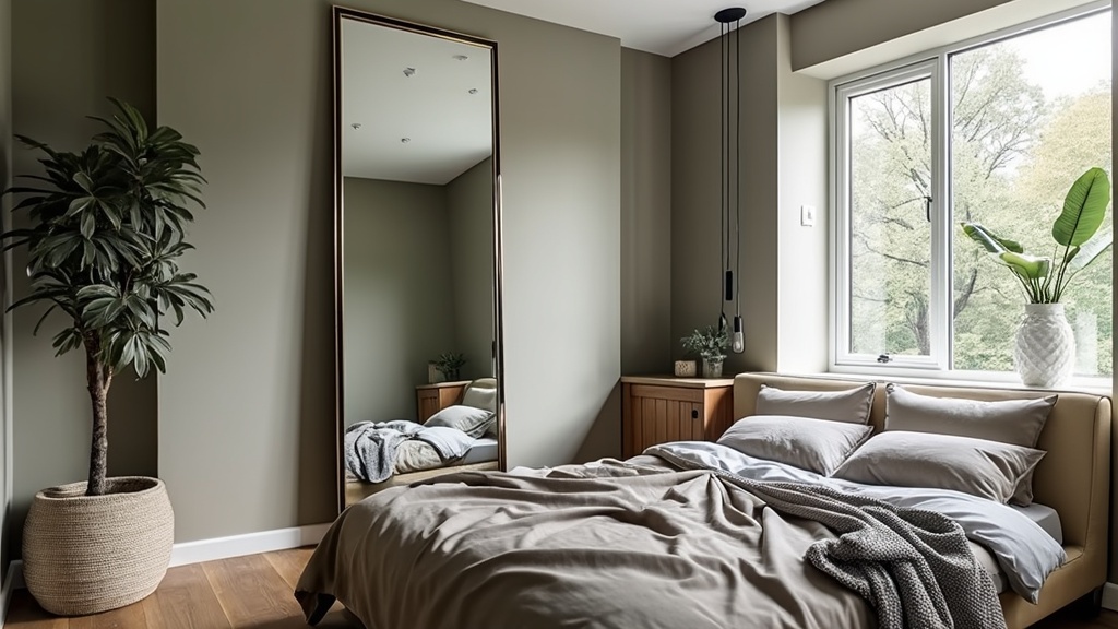 Tall floor-to-ceiling mirror enhances light and space in a compact bedroom, positioned by a window.