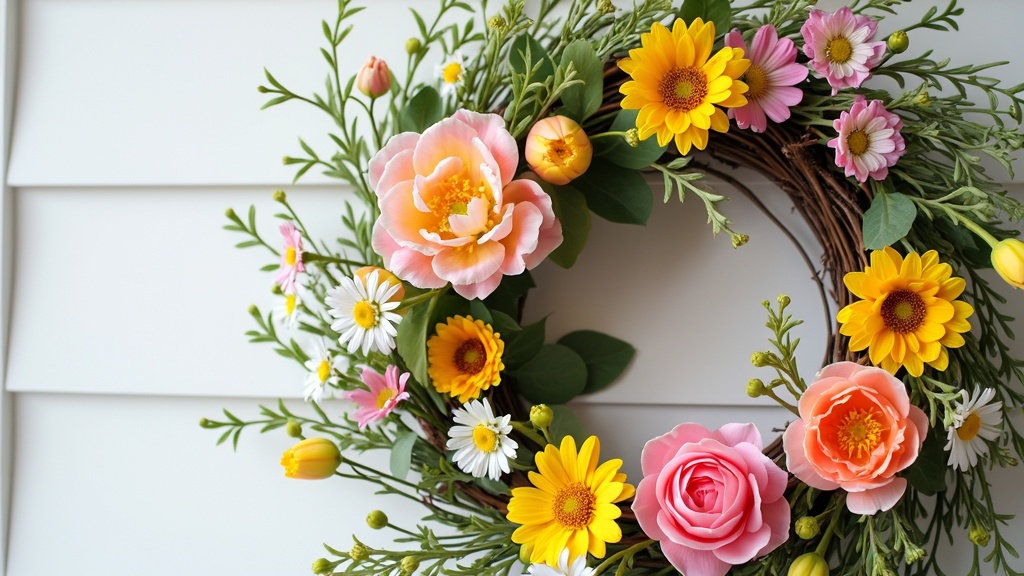 Wreath of vibrant faux flowers like peonies and tulips on a willow base, brightening an entryway.