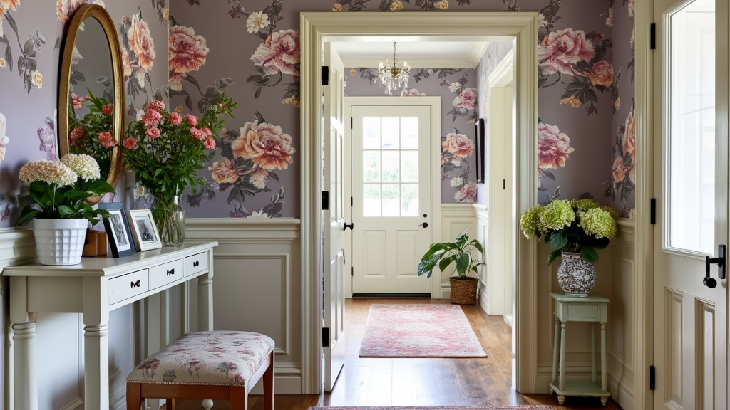 Bright floral wallpaper in a lavender entryway with a white console table and potted flowers.