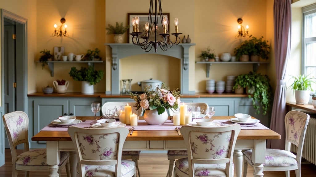 French Country Dining Room with oak table, misaligned chairs, pastel colors, candles, and greenery.