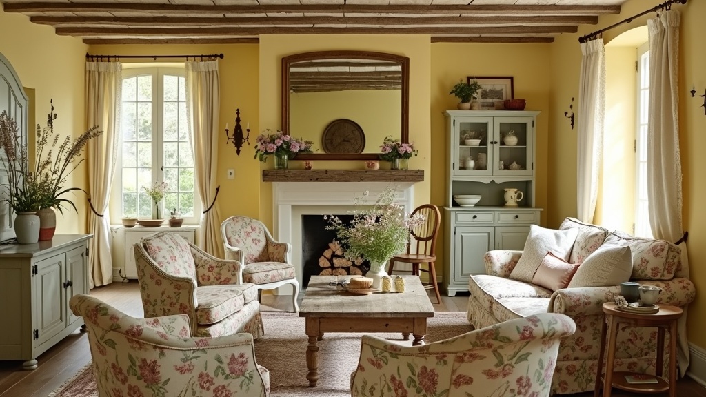 French Country Living Room with pastel yellow walls, floral sofa, reclaimed wood coffee table, and herbs.