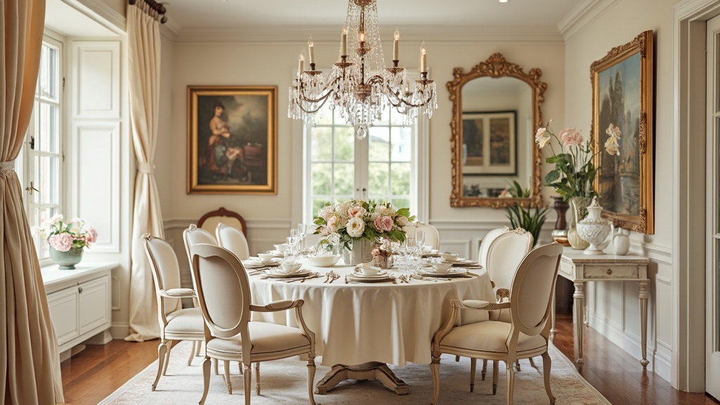 Elegant French Provincial dining setup with carved wooden table, upholstered chairs, and vintage decor.