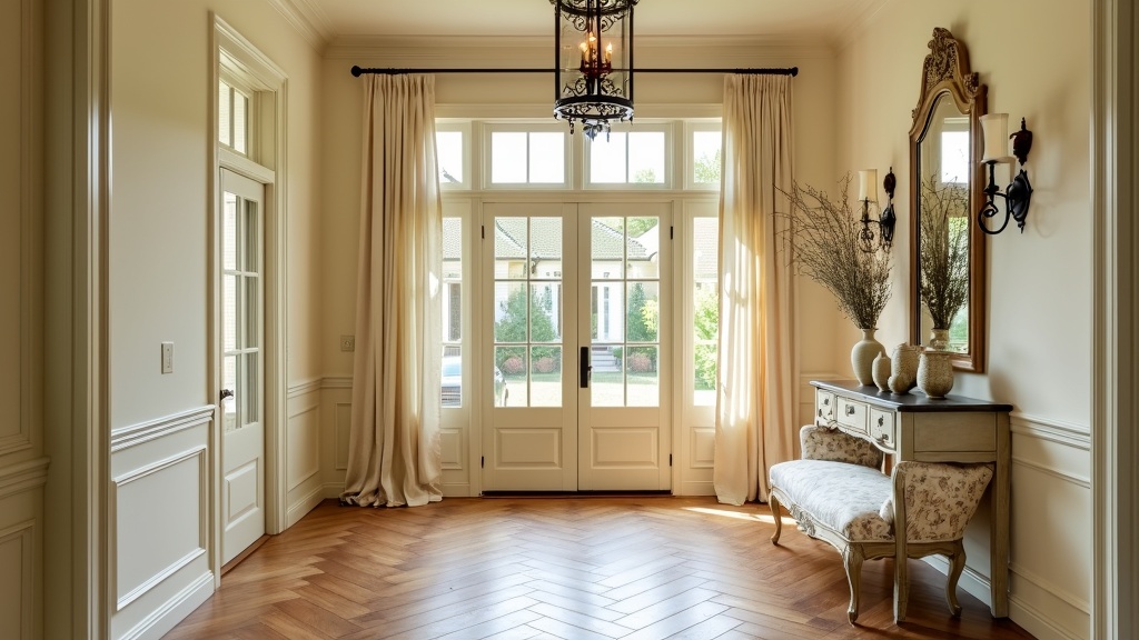 Elegant French Provincial entryway with herringbone floors, cream walls, antique console, and wrought-iron fixtures.
