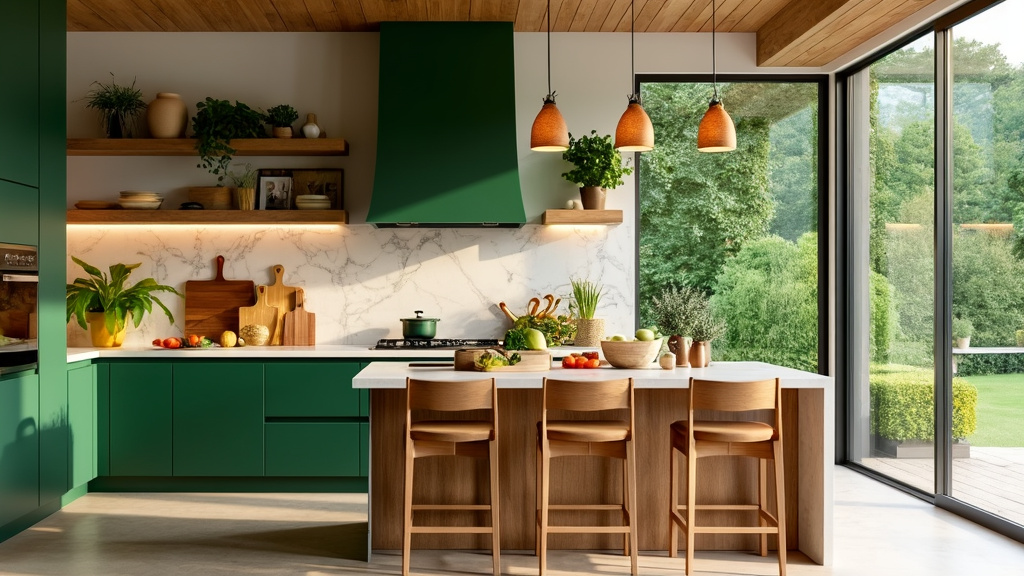 Farm-to-table kitchen design with green accents, wooden details, large windows, and sustainable materials.