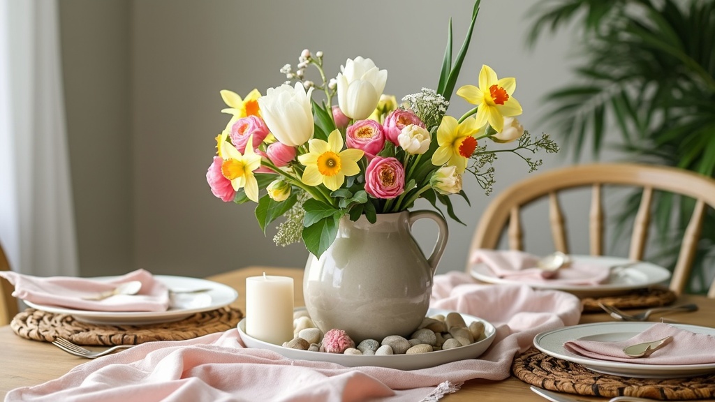 A vibrant floral centerpiece with tulips and daffodils in a glass vase on a spring-themed dining table.