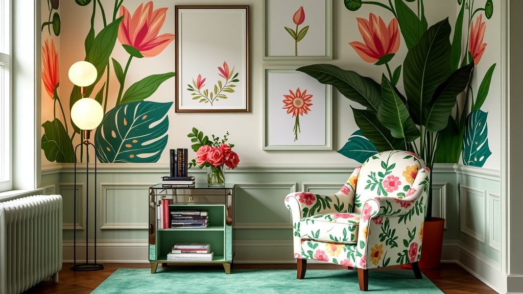 Floral reading nook with a patterned chair, mirrored table, bold wallpaper, plush rug, and leafy lamp.