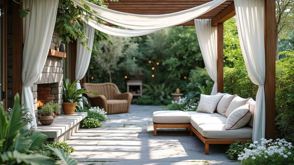Tranquil patio with gray stones, ferns, white flowers, rustic pergola, and cozy pillow seating.