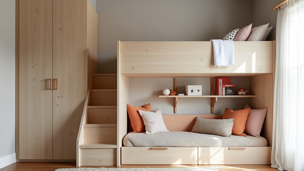 Minimalist bedroom design with lofted bed, smart storage, playful cushions, and light wooden tones.